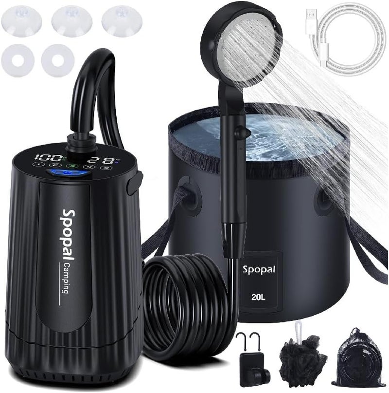 Spopal Portable Camping Shower, [10000mAh Rechargeable], 5-Speed with Collapsible Bucket with Handle 20L, IPX8 Waterproof, LED Display Camp Shower Pump, Perfect for Hiking, Travel, Cars & Pets - Image 1